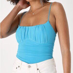 NWT - Lulus - Flirty Vibes Only Blue Ruched Mesh Sleeveless Bodysuit